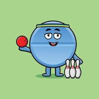 leuke cartoon pil geneeskunde bowling spelen vector