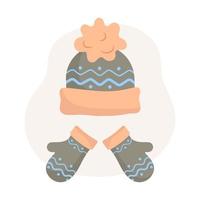 schattige kinderen gebreide warme herfst- en winteraccessoires. warme meisjesmuts en wanten voor kinderen. hoofddeksels en accessoires, kinderkledingaccessoire voor koud weer. platte vectorillustratie. vector