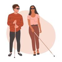 jonge blinde mensen in donkere glazen staan met een stok. mensen met een lichamelijke handicap die een stok vasthouden. slechtziendheid, oogziekte. platte vectorillustratie. vector