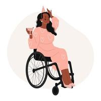 gelukkige levensstijl van mensen met een handicap concept. lachende zwarte vrouw met een glas in haar hand in een rolstoel op een witte achtergrond. gehandicapt vrolijk modern vrouwelijk karakter. platte vectorillustratie. vector