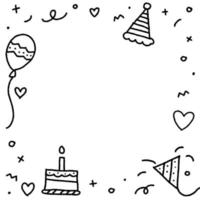 schattig gelukkige verjaardag partij confetti zwart-wit bw doodle achtergrond grens frame uitnodigingskaart vierkante pictogram vectorillustratie vector