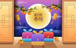 happy chuseok, mid herfst festival, konijnen, cadeau, achtergrond vector
