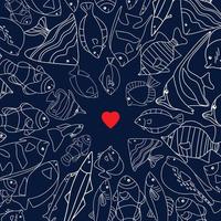 vissen zwemmen rond rood hart op vishaak. creatief concept van liefde, flirt en Valentijnsdag. vector