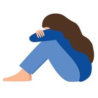 trieste en hopeloze vrouw die haar knieën omhelst en huilt. depressief meisje zittend op de vloer. vectorillustratie geïsoleerd op een witte achtergrond vector