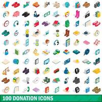 100 donatie iconen set, isometrische 3D-stijl vector