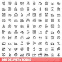 100 levering iconen set, Kaderstijl vector