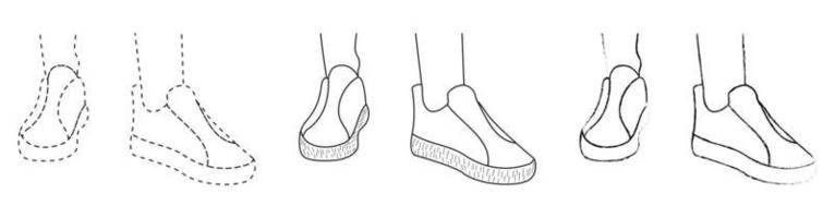 tekening schets schets van het silhouet van sport sneakers, trainers, gumshoes. lijnstijl en penseelstreken vector