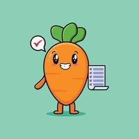 schattige cartoon wortel karakter houd checklist notitie vector