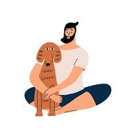 de man knuffelt zijn hond. het concept van emotionele steun voor dieren. vectorillustratie in vlakke stijl vector