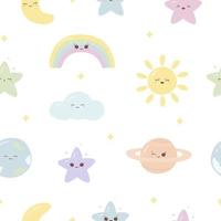 kawaii naadloos patroon met grappige planeten, sterren, regenboog, zon, maan en wolk. schattige print voor telefoonhoesje, achtergronden, mode, inpakpapier en textiel. vector illustratie