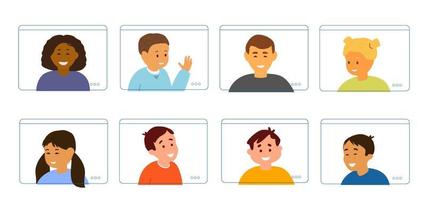 online onderwijs voor kinderen concept platte vectorillustratie. verschillende etniciteit kinderportretten in tablets schermen collectie. vector