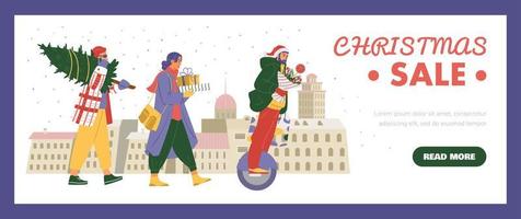 kerst verkoop horizontale vector banner. mensen lopen met geschenkdozen, kerstboom, man rijden monowiel met winterboeket.