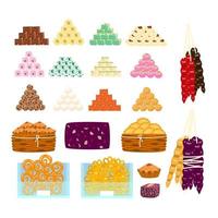 grote vector set van verschillende Aziatische snoepjes in piramides, in manden, in glazen containers. churchkhela, sorbet, cakes, taarten, lokum, laddu, gujiya, sandesh, gulab jamun, jalebi, rasgulla en anderen.