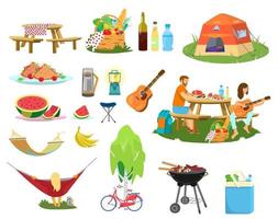 grote vector picknick set. borden met eten, picknickmand, paar met picknick, berbeque, koeltas, fiets in de buurt van berk, gitaar, thermoskan, drankjes, vrouw ontspannen in hangmat, tent.