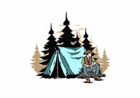 man met een cowboyhoed die voor de tent zit illustratie vector