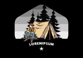 man met een cowboyhoed die voor de tent zit illustratie vector