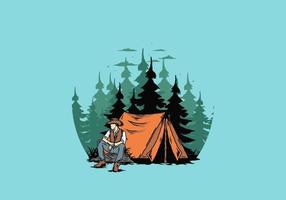 man met een cowboyhoed die voor de tent zit illustratie vector