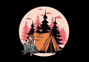 man met een cowboyhoed die voor de tent zit illustratie vector