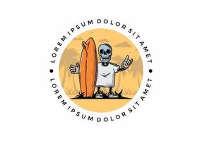 kleine schedel met een illustratieontwerp van een surfplank vector