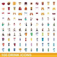 100 drank iconen set, cartoon stijl vector