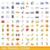 100 reizen iconen set, cartoon stijl vector