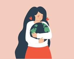 vrouw knuffelt de aarde tussen haar armen met liefde en zorg. jonge vrouw omarmt de groene planeet om het te beschermen. concept van de dag van de aarde en het behoud van het milieu. vector illustratie