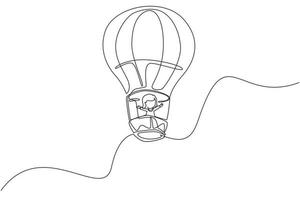 enkele ononderbroken lijntekening meisje aeronaut in heteluchtballon aan de hemel. gelukkig kind rijden hete luchtballon. kinderen op heteluchtballonavontuur. een lijn tekenen grafisch ontwerp vectorillustratie vector