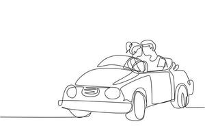 continu één lijntekening romantisch paar rijdende auto op roadtrip. vrolijke man en vrouw rijden in cabriolet auto. paar zomervakantie reizen. enkele lijn tekenen vector grafische afbeelding