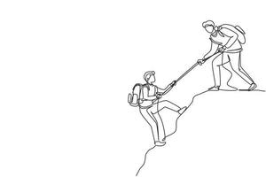 enkele ononderbroken lijntekening twee man wandelaars die de berg beklimmen en elkaar helpen met touw. business, succes, prestatie en doel concept. één lijn tekenen ontwerp vectorillustratie vector