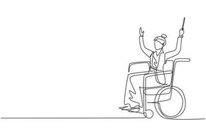 enkele doorlopende lijntekening mooie vrouw dirigent zittend in rolstoel leidende orkest. handicap, klassieke muziek. fysiek niet in staat. een lijn tekenen grafisch ontwerp vectorillustratie vector
