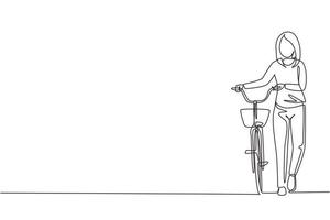 enkele een lijntekening wandelende jonge vrouw met fietsen. gelukkige vrouw wandelen met de fiets op de stadsweg. gezonde levensstijl van stedelijke mensen. doorlopende lijn tekenen ontwerp grafische vectorillustratie vector