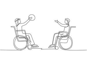 enkele een lijntekening vrolijke gehandicapte jonge arabische man in rolstoel basketballen. concept van adaptieve sporten voor mensen met een handicap. doorlopende lijn tekenen ontwerp grafische vectorillustratie vector