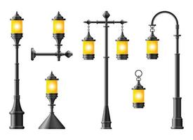 set van zwarte realistische straatlantaarn. straatlamp. vintage lamp vector