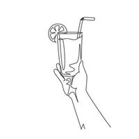 enkele doorlopende lijntekening hand met glas met citroensap. zoete drank. lekker en lekker eten. sappig water met stro, heerlijke behandeling biologisch product. één lijn tekenen ontwerp vector