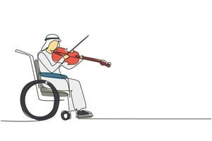 continue een lijntekening handicap en muziek. arabische man in rolstoel speelt viool. fysiek niet in staat. persoon in het ziekenhuis. patiënt in het revalidatiecentrum. enkele lijn tekenen ontwerp vectorafbeelding vector