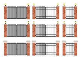 bakstenen en stalen poort set geïsoleerd op een witte achtergrond vector