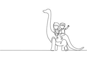 enkele doorlopende lijntekening kleine jongen en meisje holbewoner die samen brontosaurus berijden. kinderen zitten op de achterkant van de dinosaurus. oud menselijk leven concept. een lijn tekenen grafisch ontwerp vectorillustratie vector