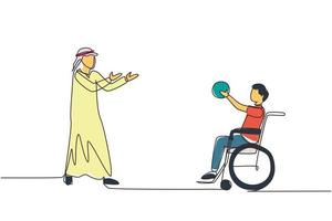 enkele een lijntekening vrolijke gehandicapte jonge arabische man in rolstoel basketballen. concept van adaptieve sporten voor mensen met een handicap. doorlopende lijn tekenen ontwerp grafische vectorillustratie vector