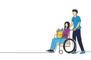 enkele een lijntekening jonge man ondersteunende en zorgzame gehandicapte oude vrouw op rolstoel. vrijwilliger die helpt met winkelen, voor senior vrouw zorgt. doorlopende lijn tekenen ontwerp vectorillustratie