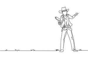 enkele één lijntekening slimme cowboy die zijn pistool vasthoudt en de kanonnen richt. wilde westen gunslinger stijl houden pistool. wapens voor zelfverdediging. doorlopende lijn tekenen ontwerp grafische vectorillustratie vector