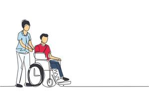 continue één lijntekening gehandicapte man met gebroken hand, been rijdende rolstoel met verpleegkundige hulp. man patiënt in traumatologie ziekenhuis. onbekwaamheid. enkele lijn tekenen ontwerp vectorillustratie