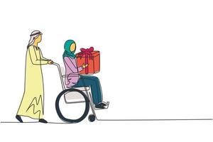 enkele doorlopende lijntekening arabische man en gehandicapte vrouw in rolstoel. man winkelen, cadeaudoos geven aan vrouw. mantelzorger, gezinsondersteuning. revalidatie van een handicap. één lijn tekenen ontwerp vector