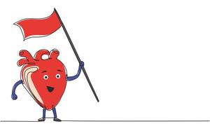 enkele doorlopende lijntekening karakter van hart met witte vlag. menselijk hart orgel staande met vlag. plat ontwerp van hartorgel voor onderwijsthema. één lijn tekenen ontwerp vectorillustratie