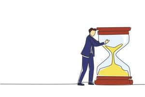 enkele een lijntekening zelfverzekerde jonge zakenman knuffelen op enorme zandloper. timemanagement of succesvol taakorganisatieconcept. moderne doorlopende lijn tekenen ontwerp grafische vectorillustratie vector