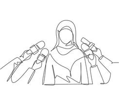 continue een lijntekening arabische vrouw die interview geeft. handen van journalisten houdt microfoons vast. concept van nieuws, verkiezingen, interviews, opmerkingen, politiek. enkele lijn tekenen ontwerp vectorillustratie vector