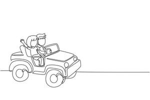 continue één lijntekening kinderen rijden speelgoedauto met een kleine jongen en meisje glimlachen, plezier hebben tijdens het rijden speelgoedauto. kinderen reis in kleine auto. enkele lijn tekenen ontwerp vector grafische afbeelding