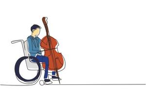 continu één lijntekening jonge knappe man zittend in een rolstoel speelt cello in concert. handicap en klassieke muziek. fysiek niet in staat. persoon in het ziekenhuis. enkele lijn tekenen ontwerp vector