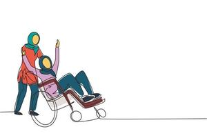 enkele doorlopende lijntekening jonge arabische vrouwelijke vrijwilliger helpt gehandicapte oude vrouw, rijdend op een rolstoel in het park. gezinszorg, vrijwilligerswerk, gehandicaptenzorg. één lijn tekenen ontwerp vectorillustratie