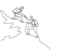 enkele lijntekening twee mannen wandelaar die elkaar op de top van de berg helpen. teamwork wandelen elkaar helpen vertrouwen hulp. doel begrip. doorlopende lijn tekenen ontwerp grafische vectorillustratie vector