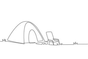 enkele doorlopende lijntekening campingtent met stoel. natuurlandschap voor reisavontuurreiziger. klimmen, trekking, wandelen, sport, openluchtrecreatie. één lijn tekenen ontwerp vectorillustratie vector